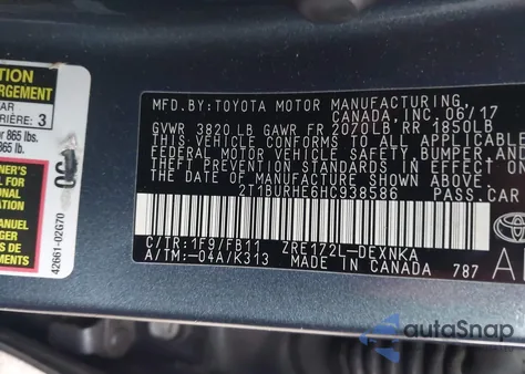 2017 Toyota Corolla Le from USA, damaged, VIN 2T1BURHE6HC938586